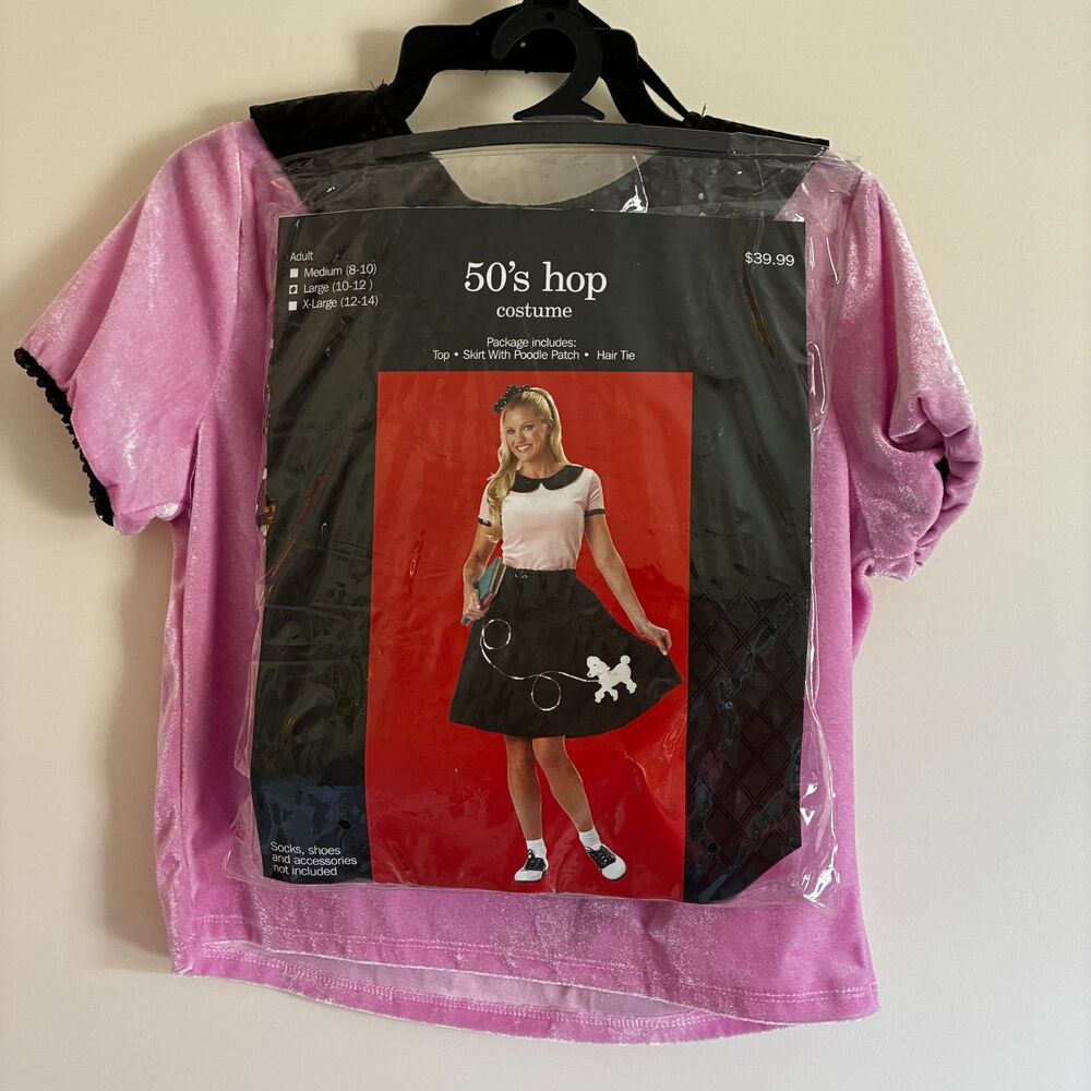 50's Hop with Poodle Skirt Halloween Costume Pink Black NWOT Large